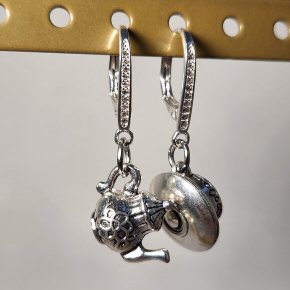 VTG 925 Teapot and Cup & Saucer Dangle Zircon Leverback Earrings - Picture 3 of 14